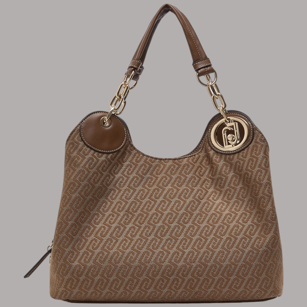 Borsa Liu Jo satchel in tessuto jacquard con dettagli in pelle marrone e iscrizioni nere