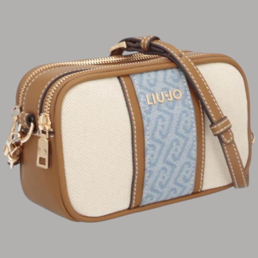 Liu Jo borsa a tracolla piccola crema e azzurro con logo e dettagli in pelle