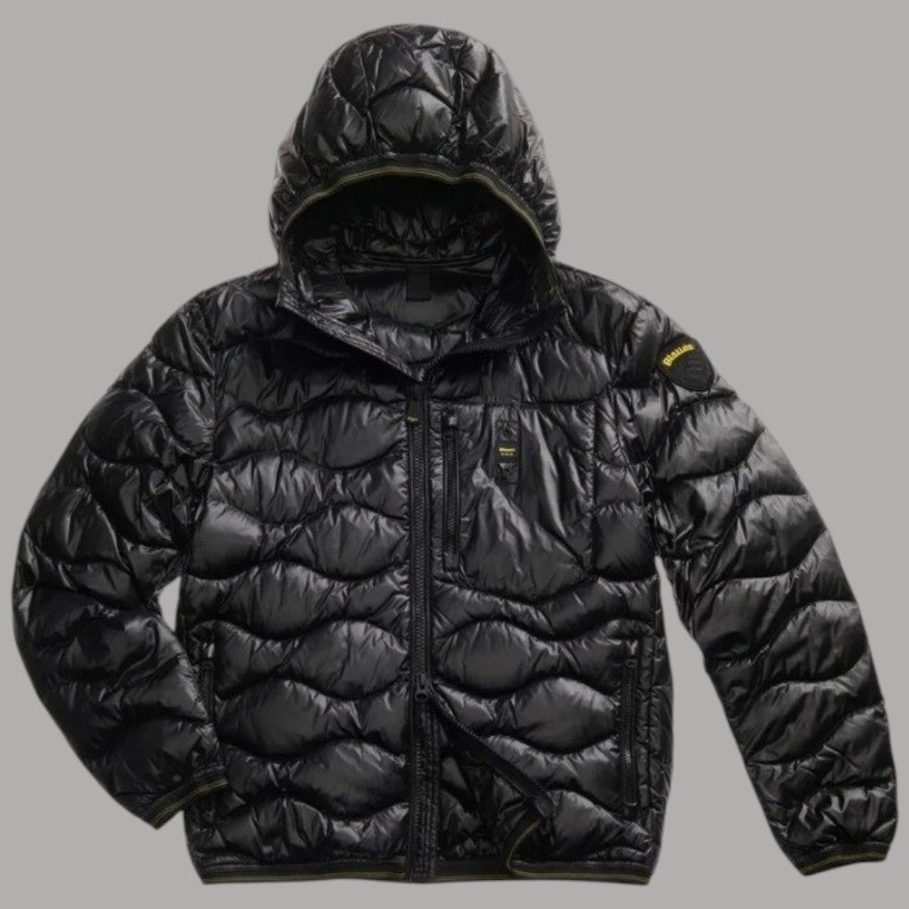 Piumino nero Blauer Wave con cappuccio, zip frontale e tasche laterali