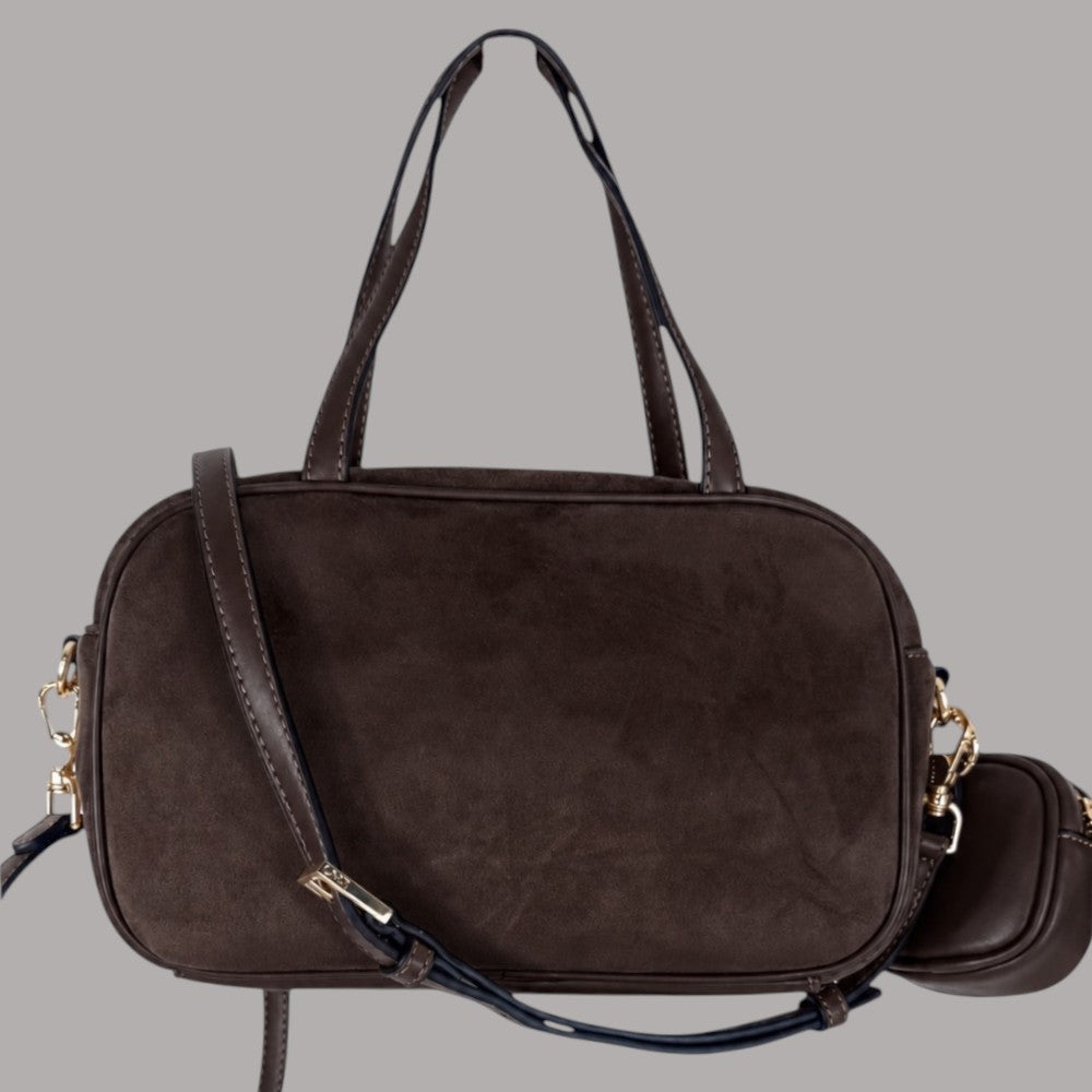 Borsa bauletto Liu Jo effetto camoscio marrone con manici e tracolla in metallo gold