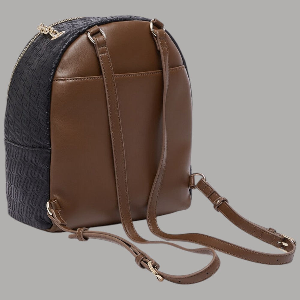 Zaino Liu Jo Ematite logo monogram in pelle marrone e dettagli in tessuto nero con motivo geometrico