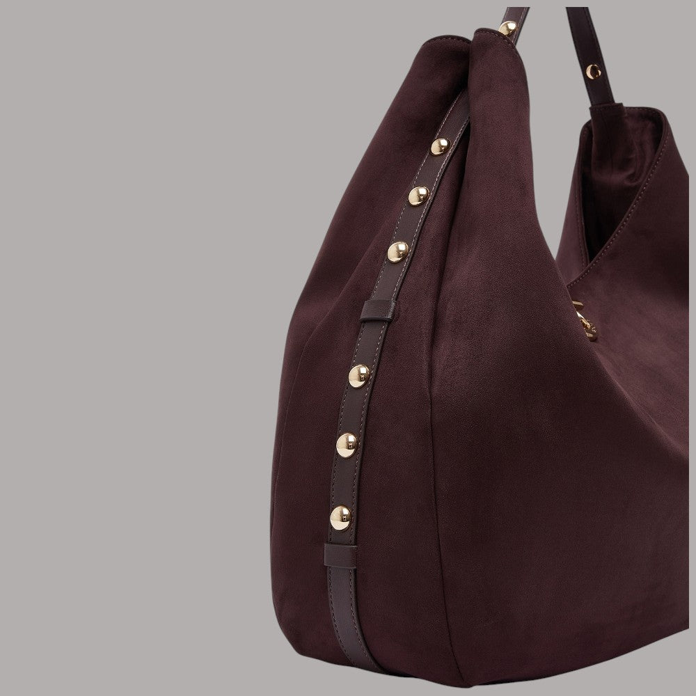 Borsa grande Liu Jo hobo con borchie in tessuto bordeaux e dettagli in pelle, vista laterale