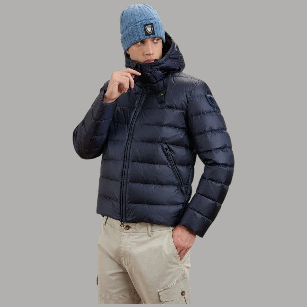 Piumino corto Blauer blu con cappuccio e imbottitura in piuma