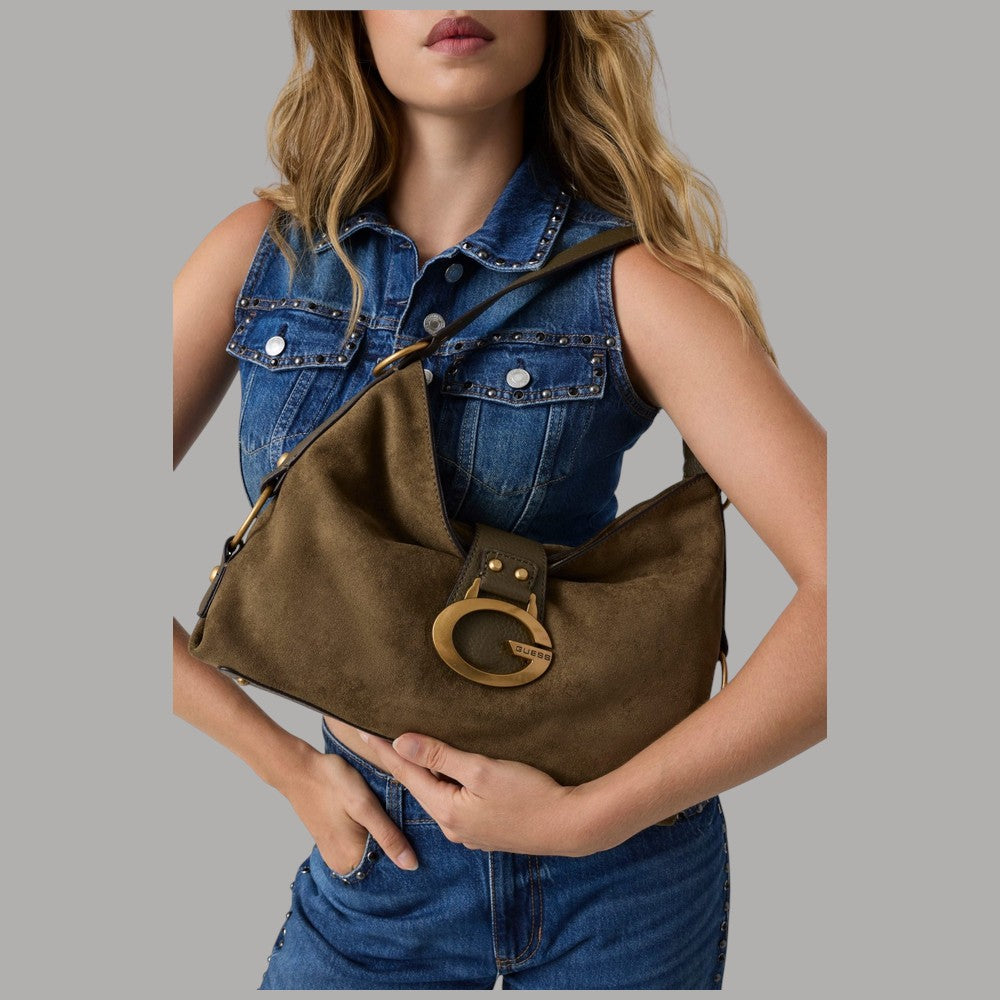 Borsa a spalla grande Guess Camden effetto suede