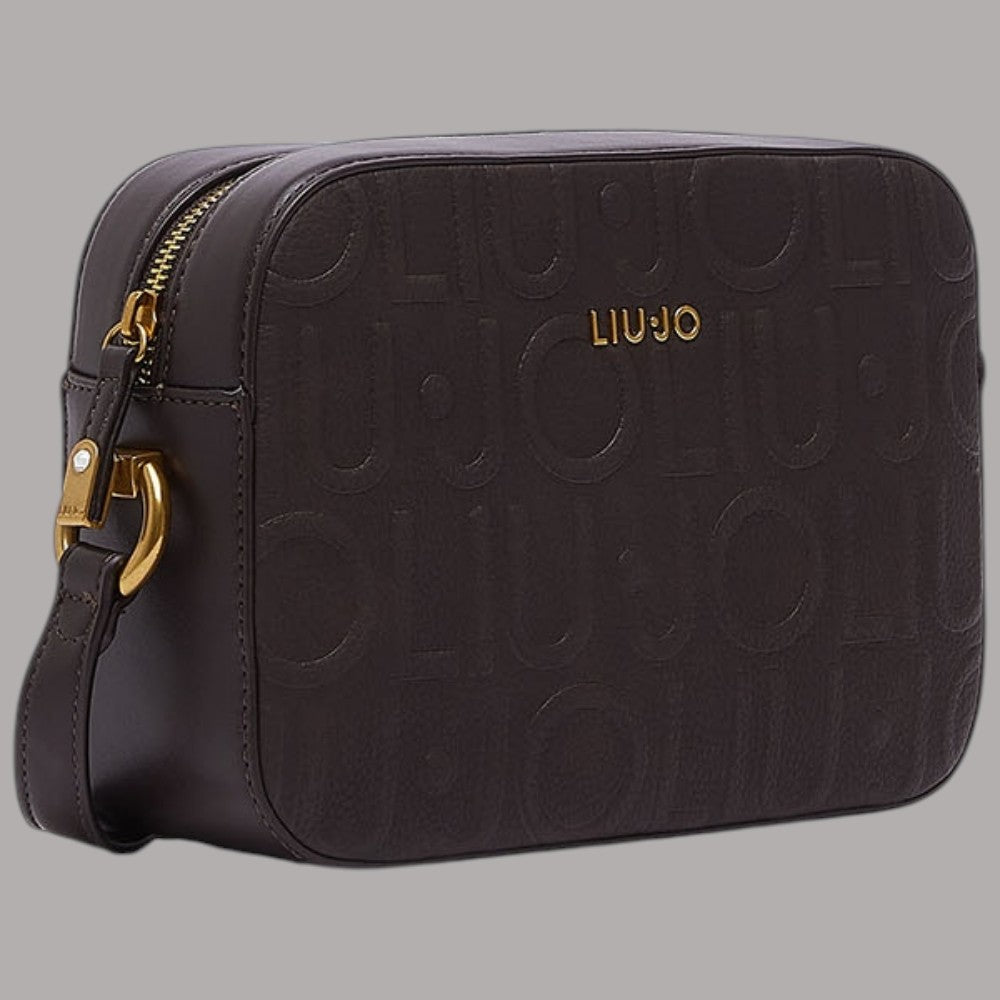 Borsa a tracolla Liu Jo con logo embossato e dettagli dorati, colore marrone scuro