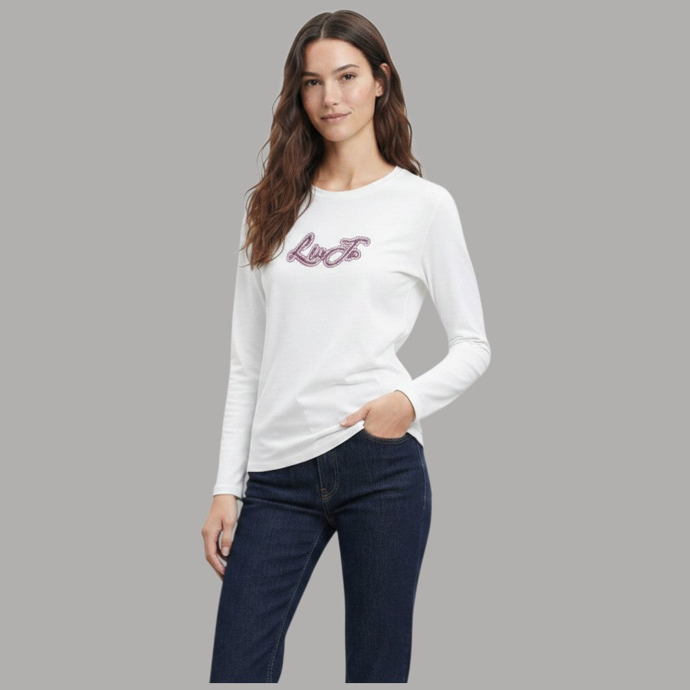 Liu Jo T-shirt manica lunga con logo strass bianca cotonata