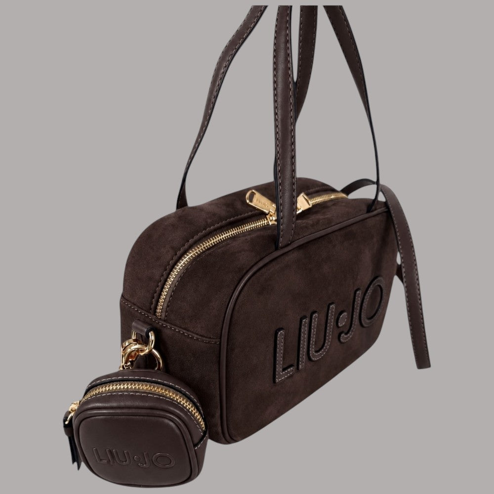 Borsa bauletto Liu Jo effetto camoscio marrone con logo in rilievo e dettagli dorati