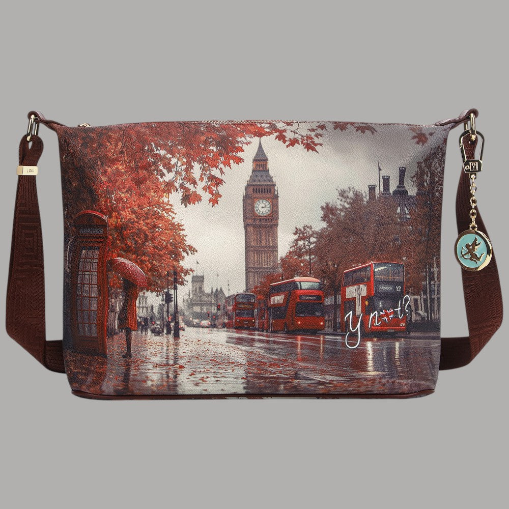 Borsa a tracolla hobo grande con stampa di Londra e manici marroni