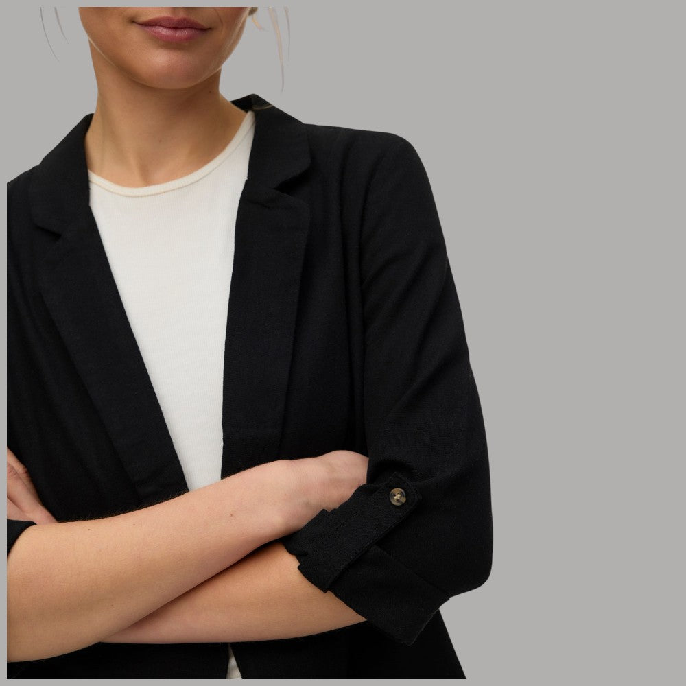 Giacca blazer donna nera in lino e viscosa con revers e bottoni, manica 3/4
