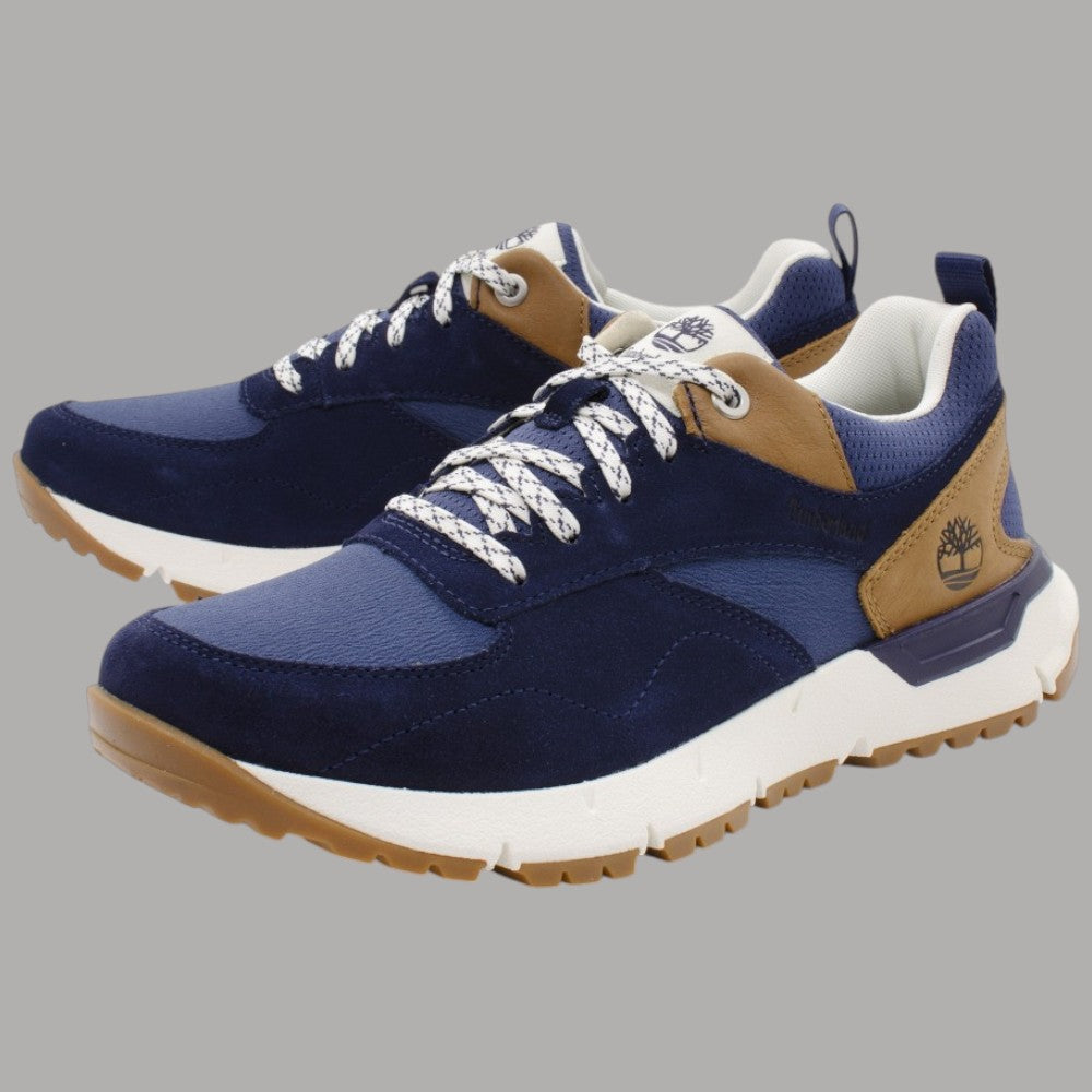 Sneakers uomo Timberland Voyager Park Low Lace blu navy con dettagli in pelle marrone e suola in gomma beige