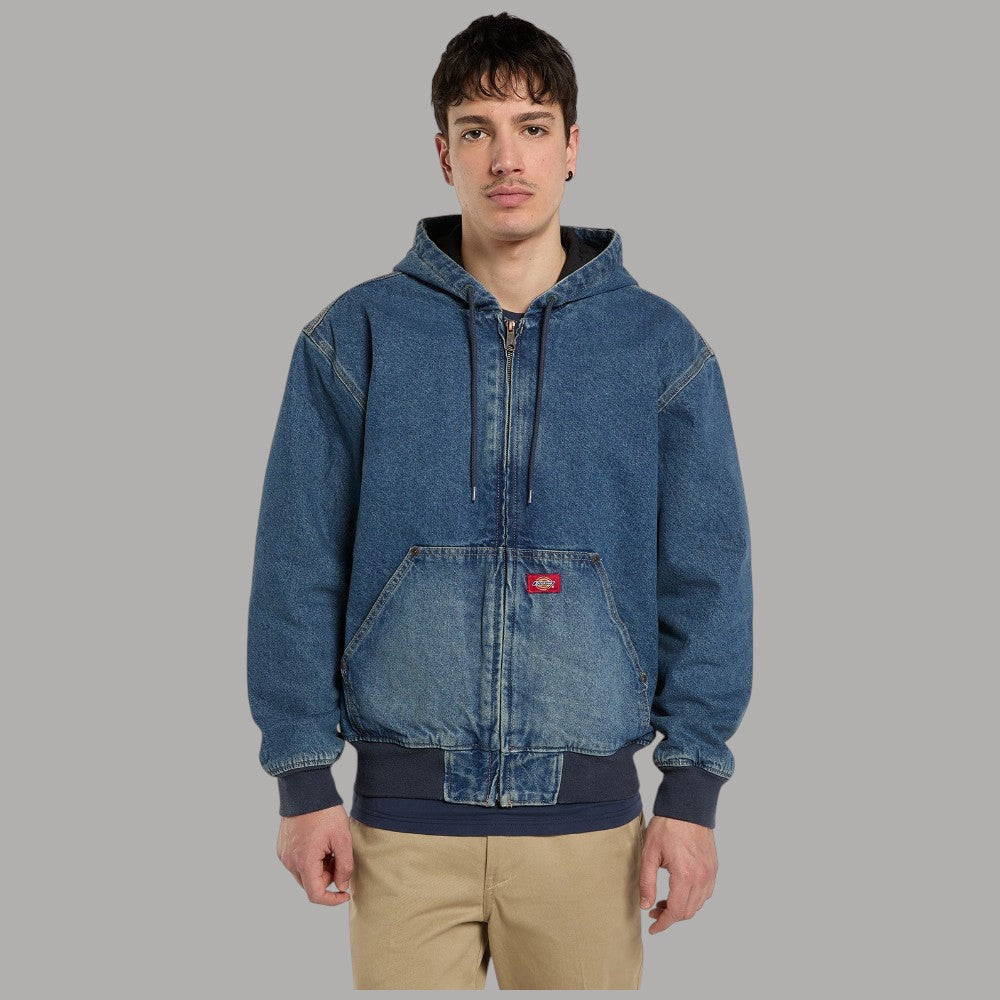 Giacca bomber Dickies in denim blu con cappuccio, zip frontale e tasca marsupio