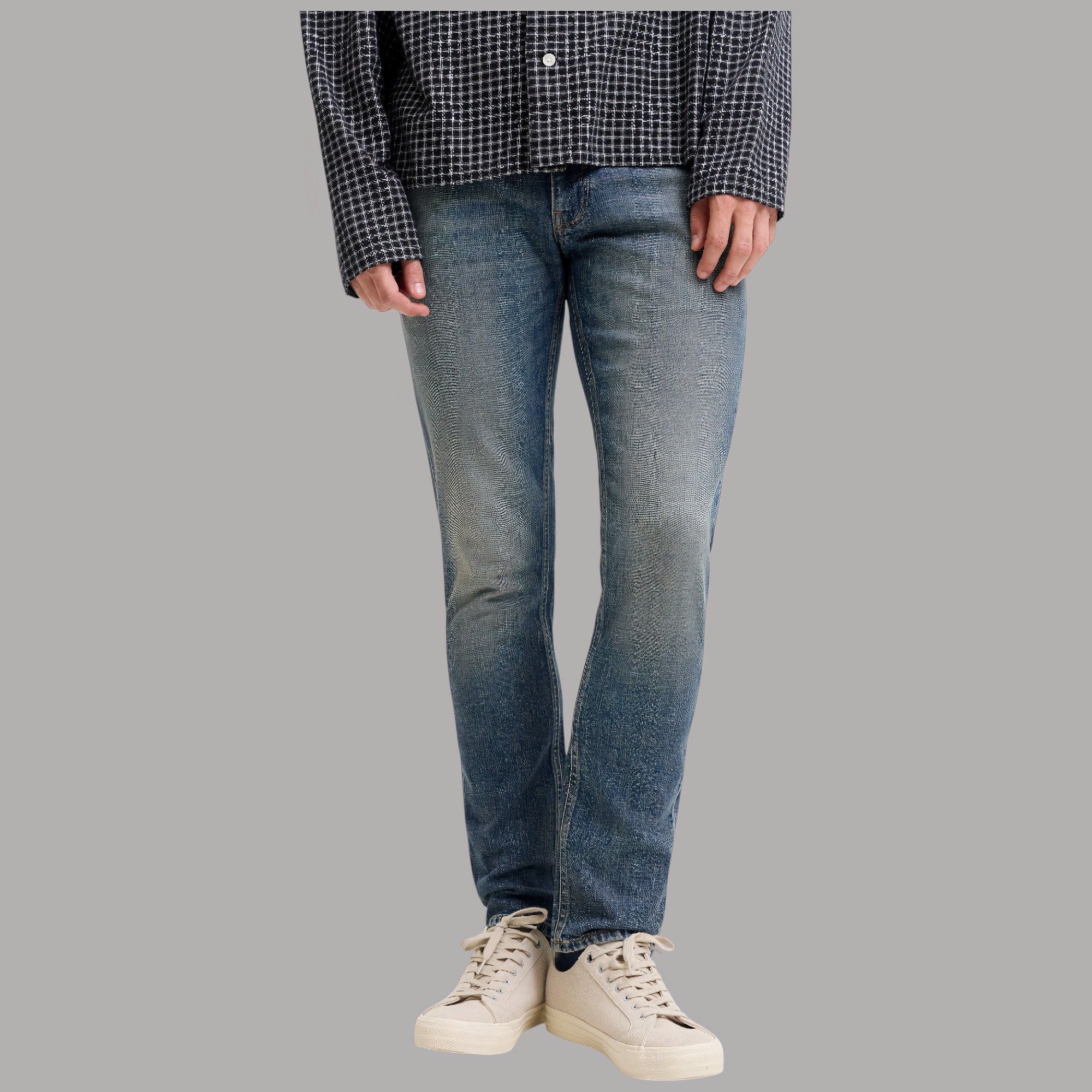 Jeans slim fit uomo Jack & Jones Glenn SBD 159 SN blu denim effetto usurato con cuciture a contrasto