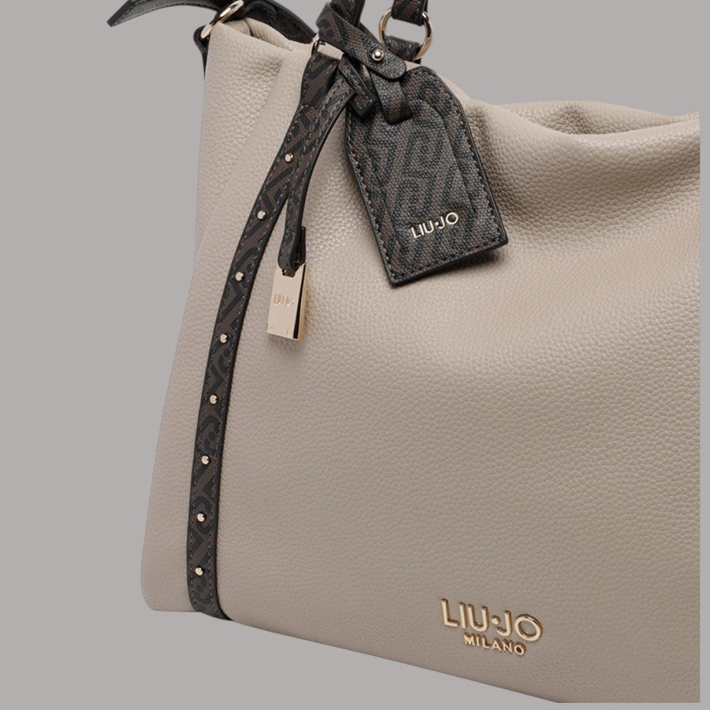 Borsa tote Liu Jo effetto grana beige con dettagli e logo