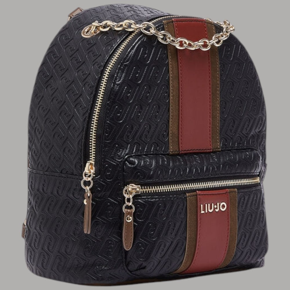 Zaino Liu Jo Ematite logo monogram nero con dettagli marroni e rossi, zip frontale e catena dorata