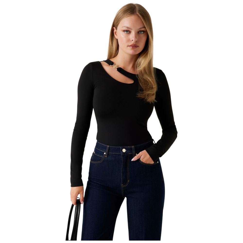 Guess maglia nera top cut out e fibbia ELEANOR W5BP18KC7M2JBLK Camicie Guess