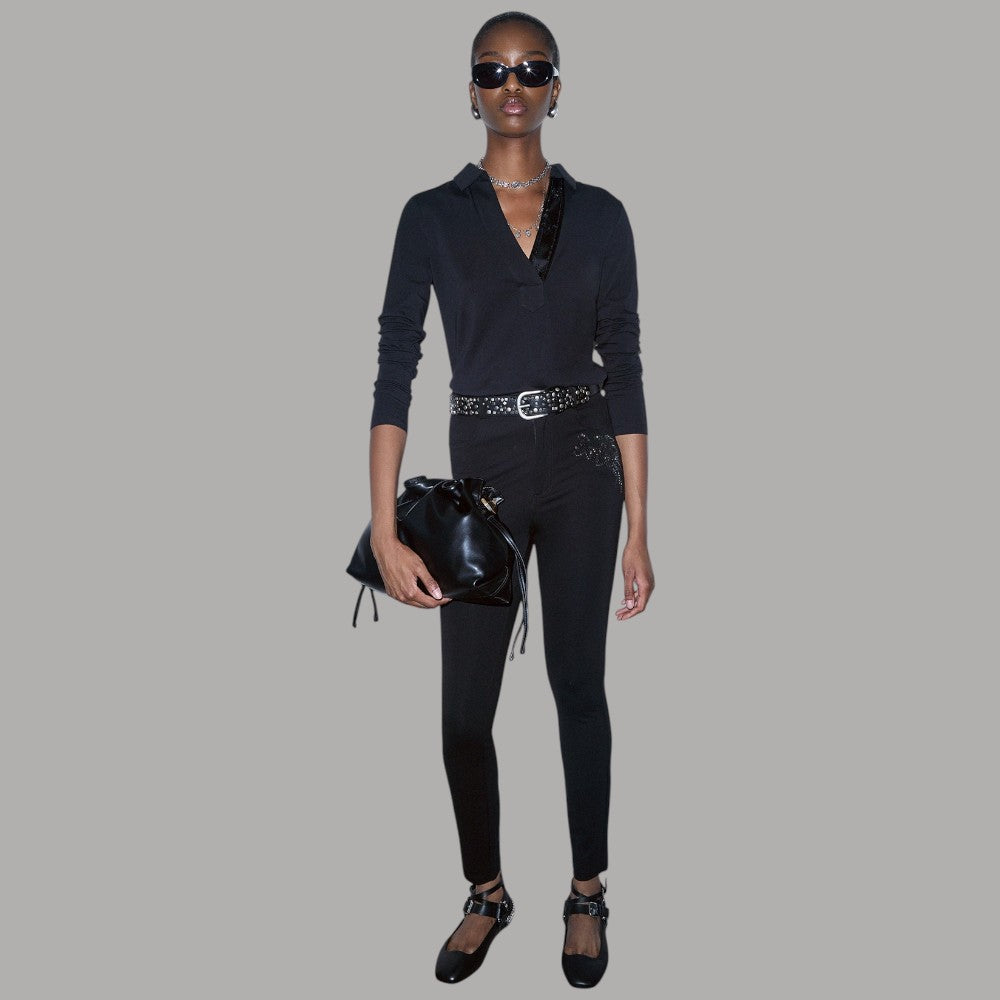 Pantaloni skinny Liu Jo con strass neri con dettagli in paillettes e tessuto nero lucido