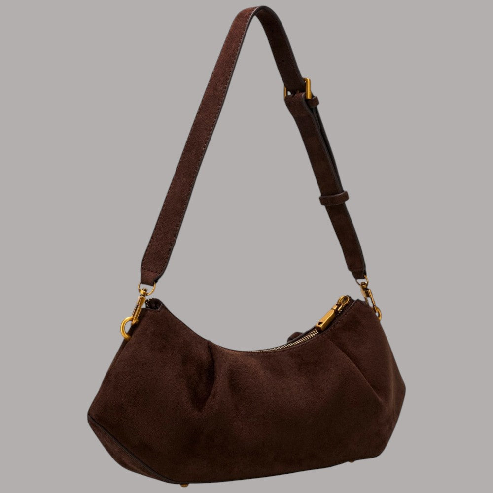Borsa a spalla Guess Allegra in camoscio marrone con dettagli in metallo dorato