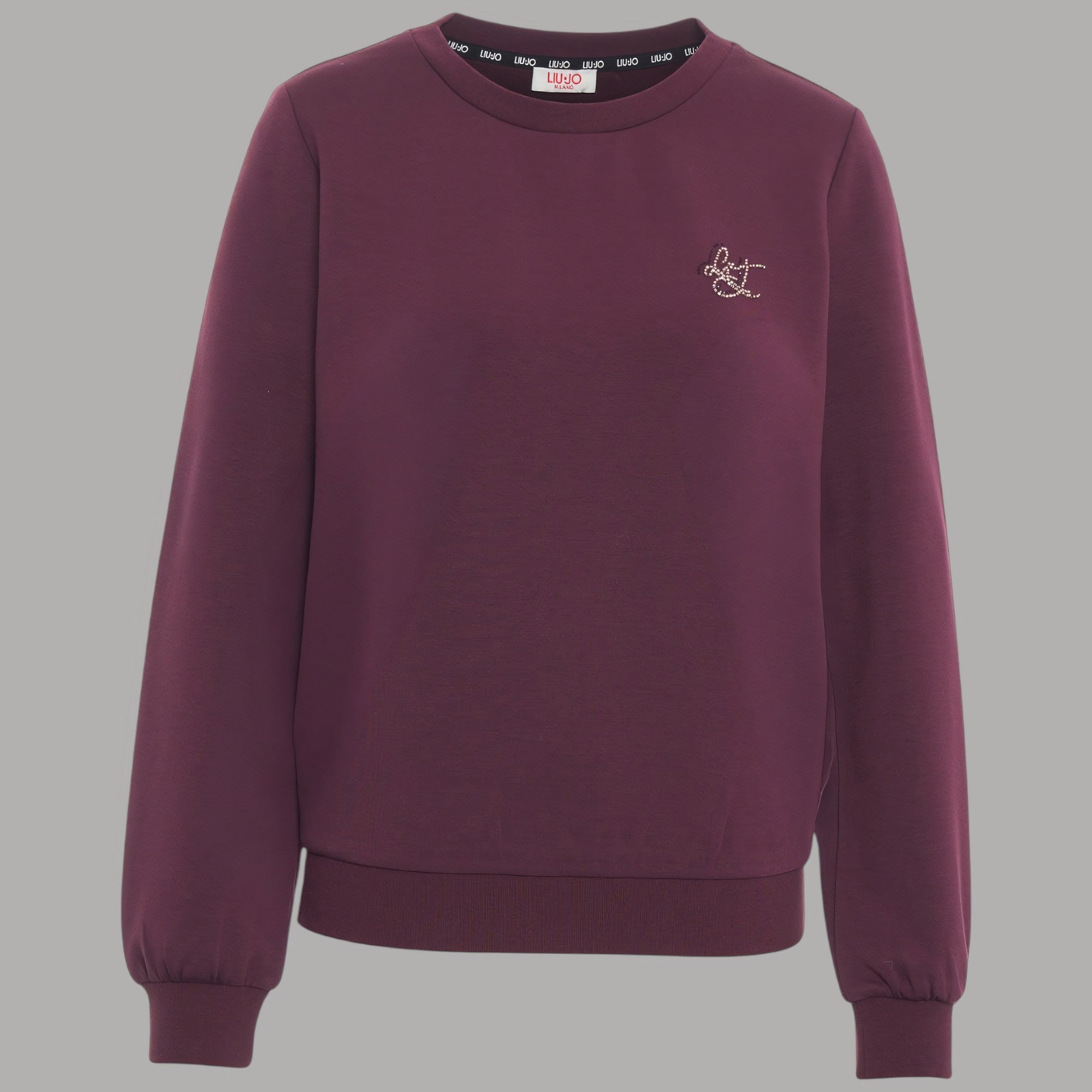 Felpa Liu Jo in scuba bordeaux con logo strass e dettaglio interno rosso