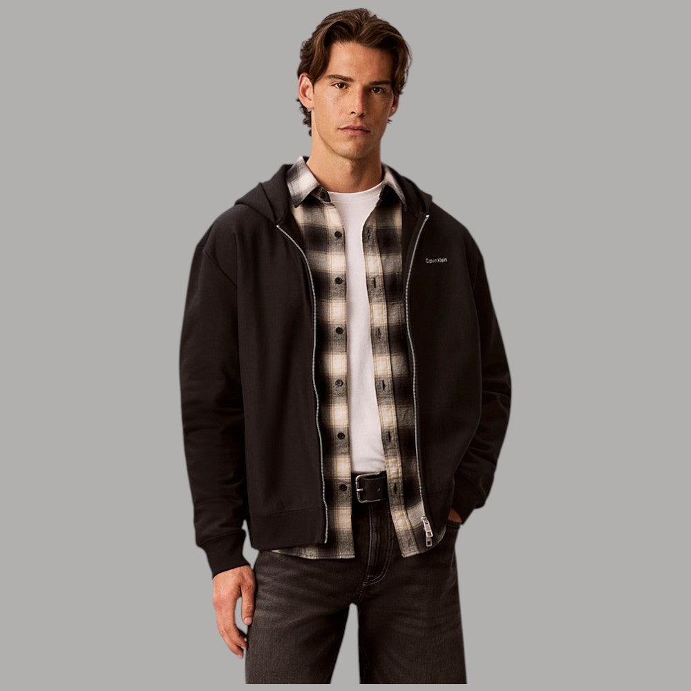 Felpa con zip e cappuccio Calvin Klein nero senza fantasie con dettagli in zip