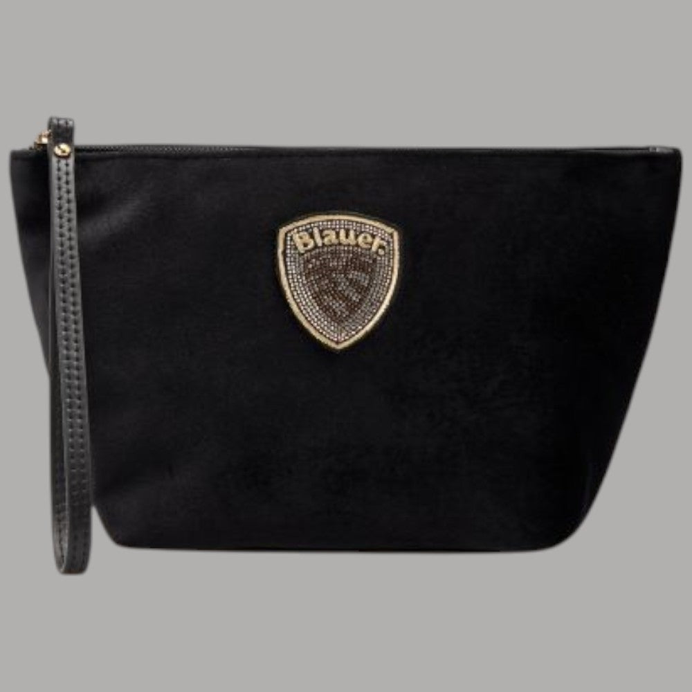 Beauty case pochette da donna Blauer F6DEBBY01/CLU con logo ricamato oro e finiture in pelle nera