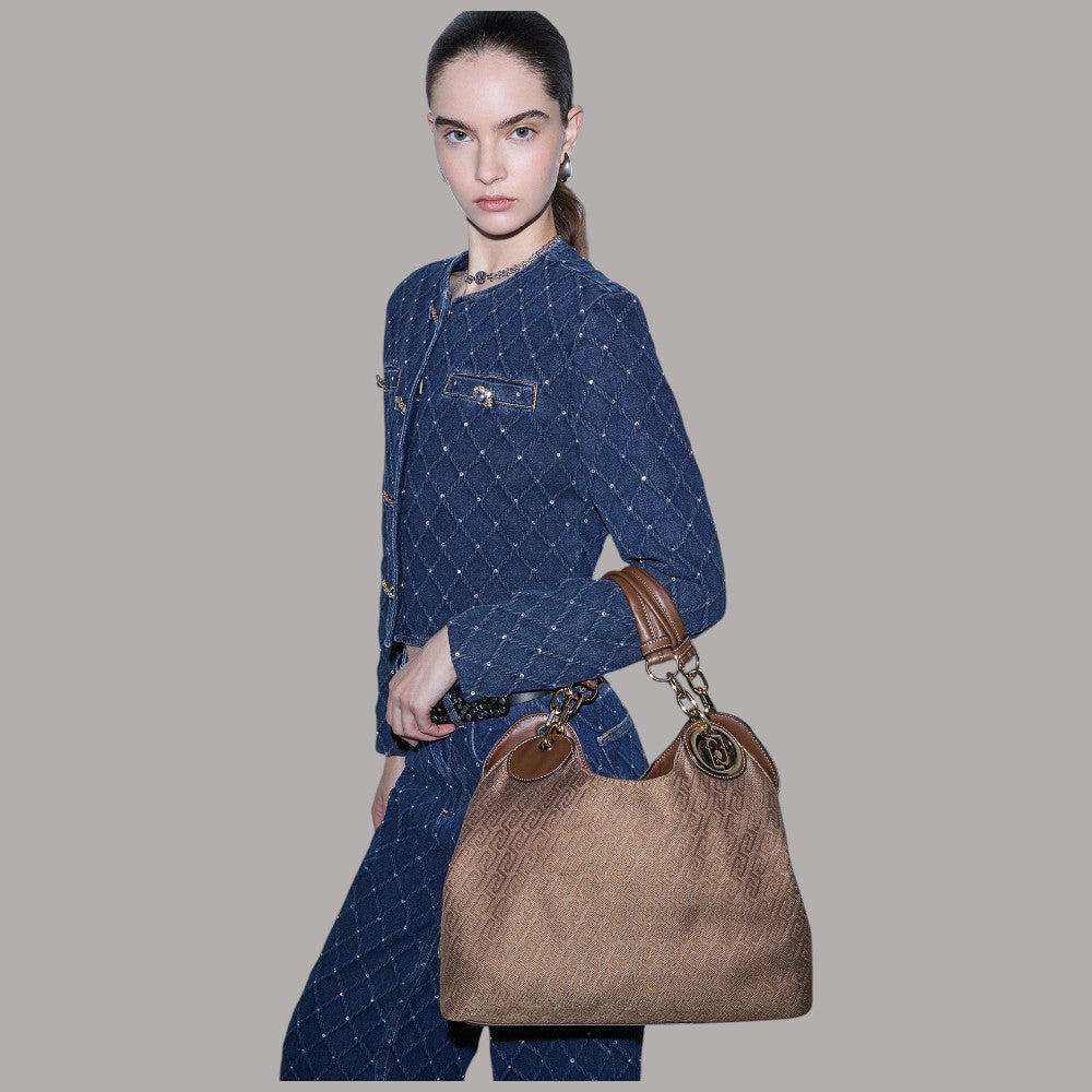 Borsa Liu Jo satchel in tessuto jacquard beige con dettagli oro e manico rigido