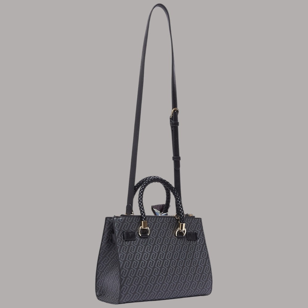 Borsa a mano con manico singolo lungo e motivo monogram, finiture nere