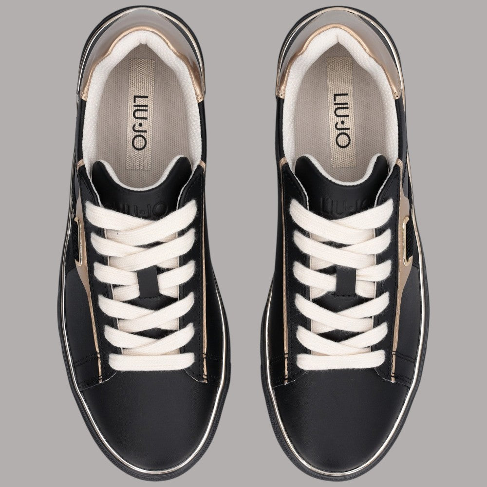 Sneakers Liu Jo Kiki 04 in pelle nera con inserto laminato oro e dettagli bianchi