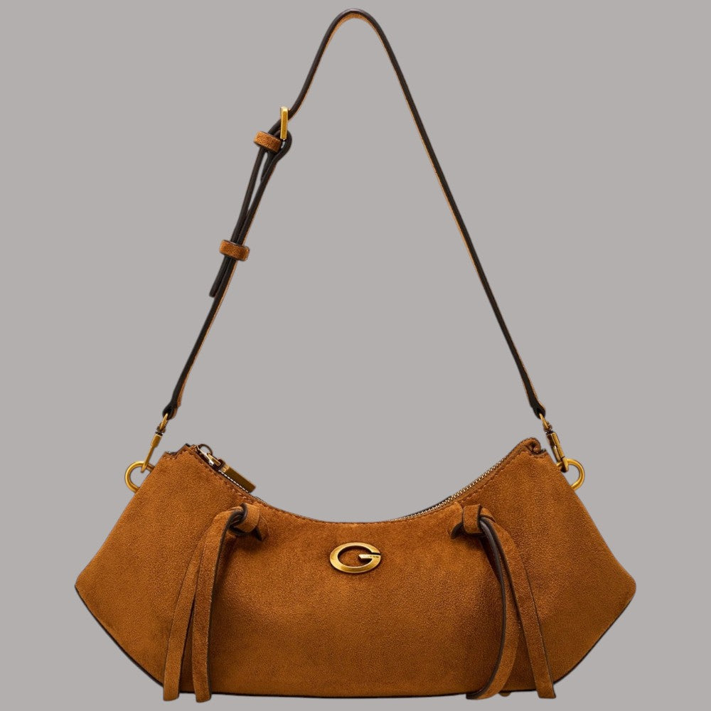 Guess borsa a spalla in camoscio marrone con dettagli dorati e tracolla regolabile