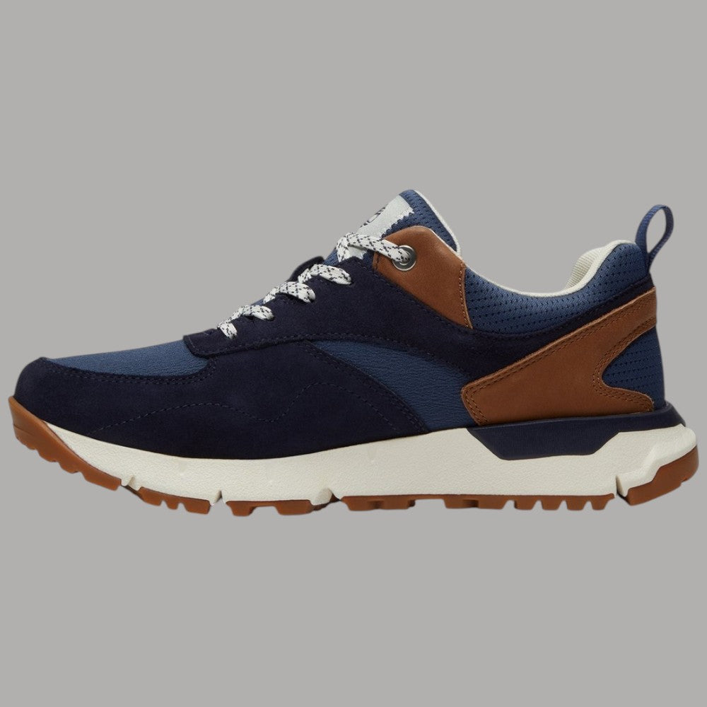 Sneakers da uomo Timberland Voyager Park Low Lace blu scuro con dettagli in pelle marrone e suola gum