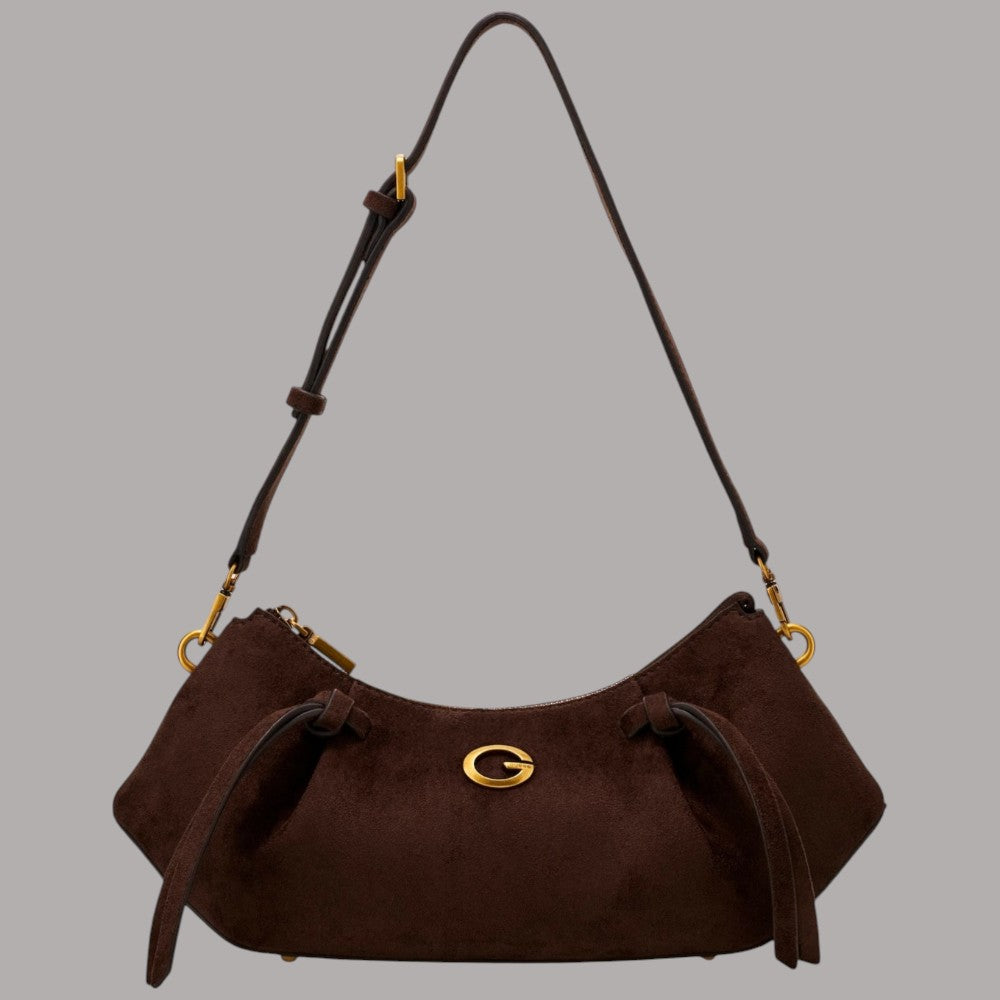 Borsa a spalla Guess Allegra in camoscio marrone con dettaglio oro