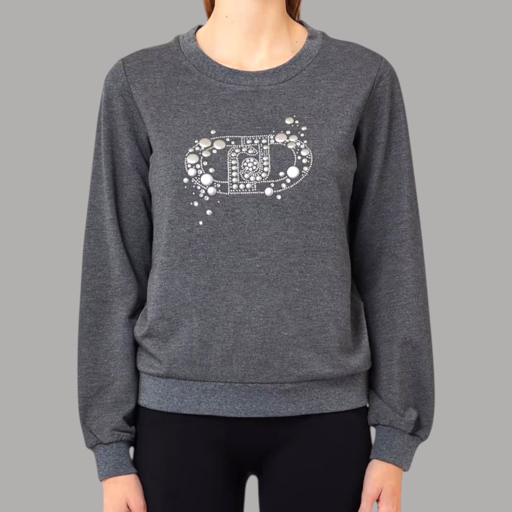 Felpa donna Liu Jo grigia con maxi logo decorato con strass e perline