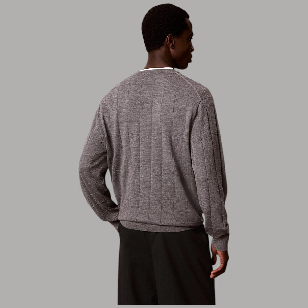 Calvin Klein maglione a trama a griglia in lana merino grigio con dettagli a costina sul bordo