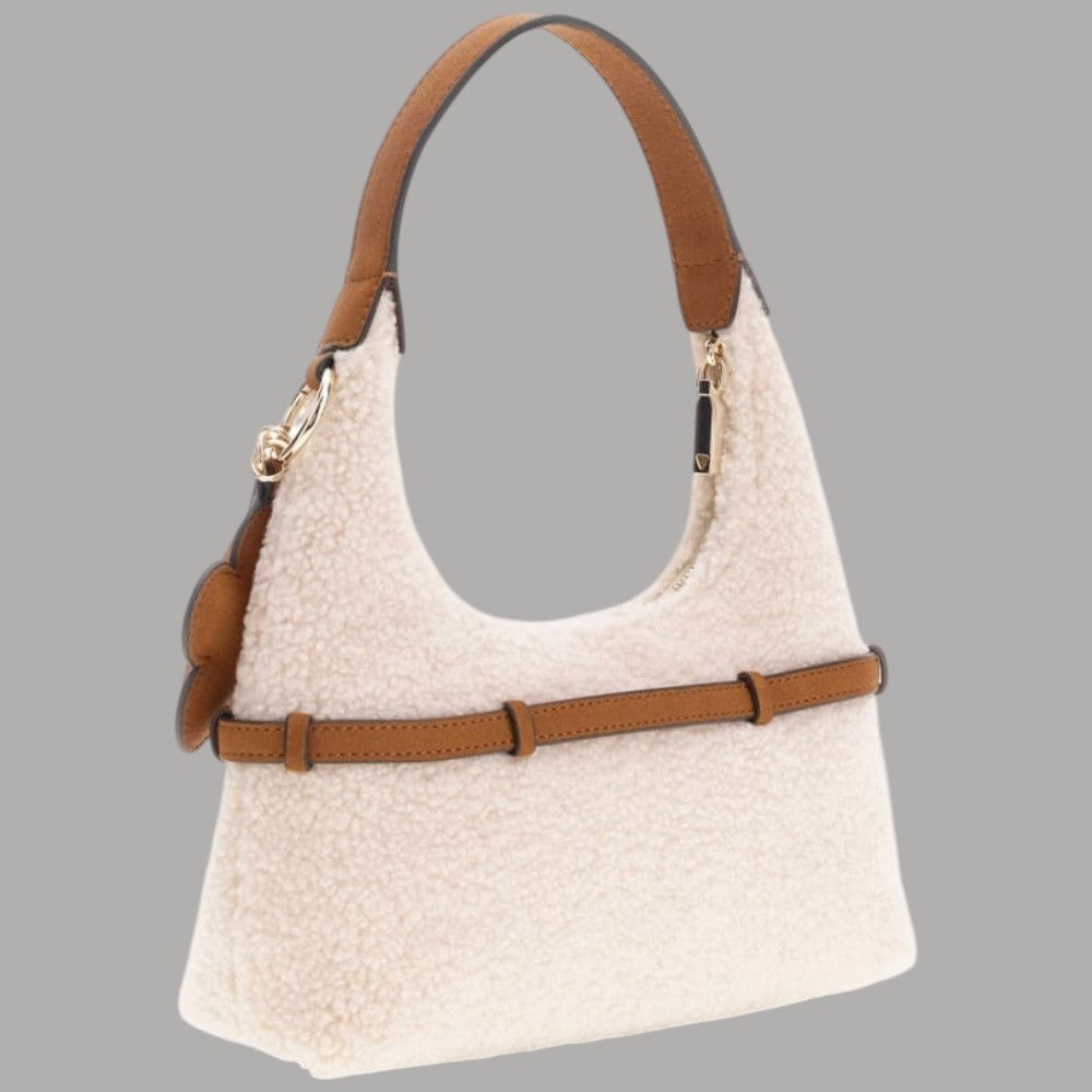 Borsa mini hobo Guess effetto teddy beige con logo frontale