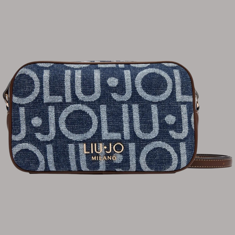 Borsa Liu Jo tracolla in denim con logo ripetuto e dettagli in pelle marrone