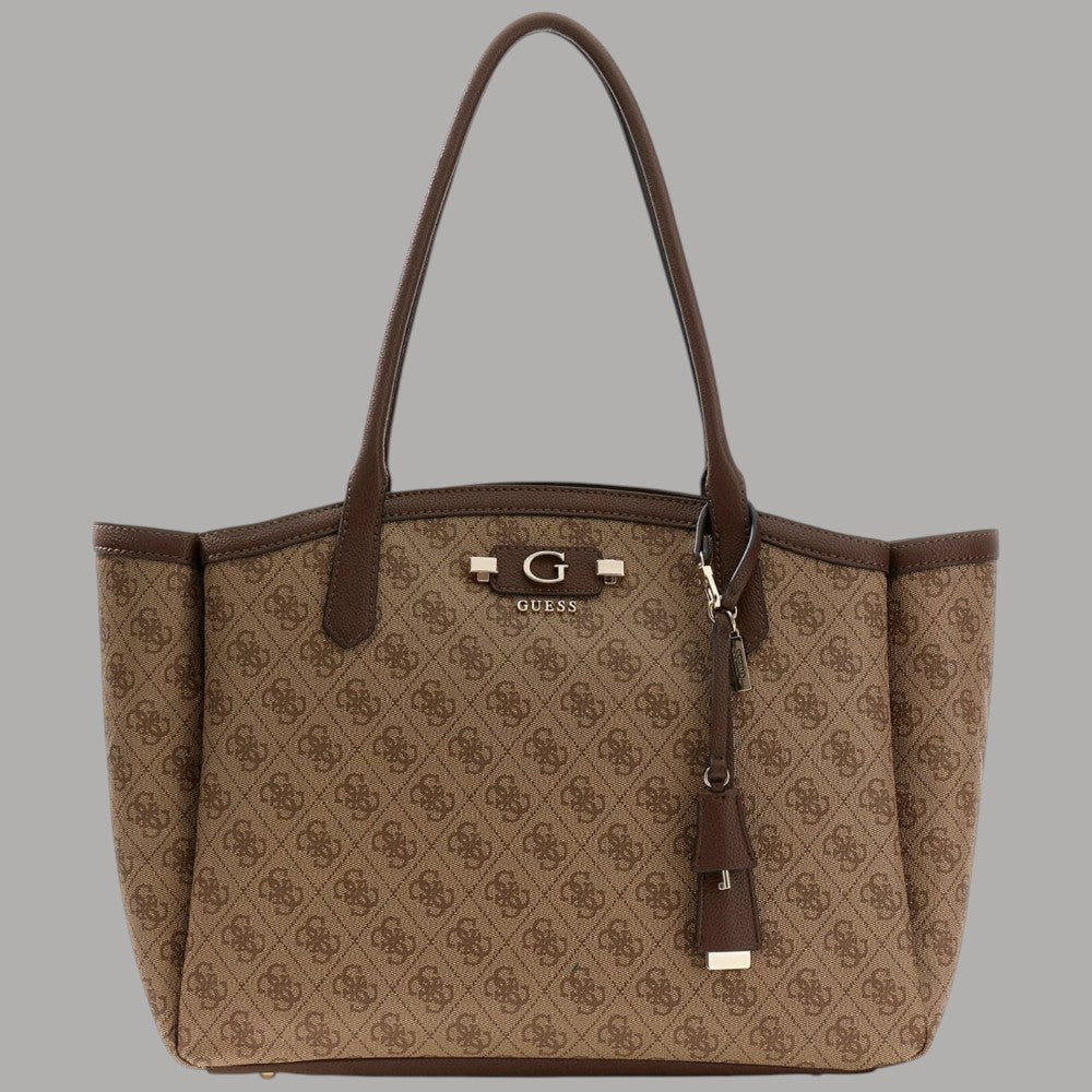 Borsa tote marrone Guess con logo all over, manici lunghi e chiusura zip