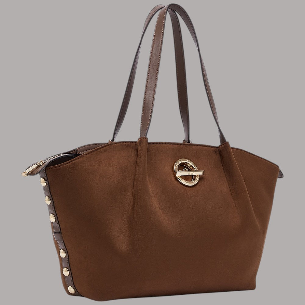 Liu Jo borsa tote grande marrone con logo dorato e dettagli con borchie dorate