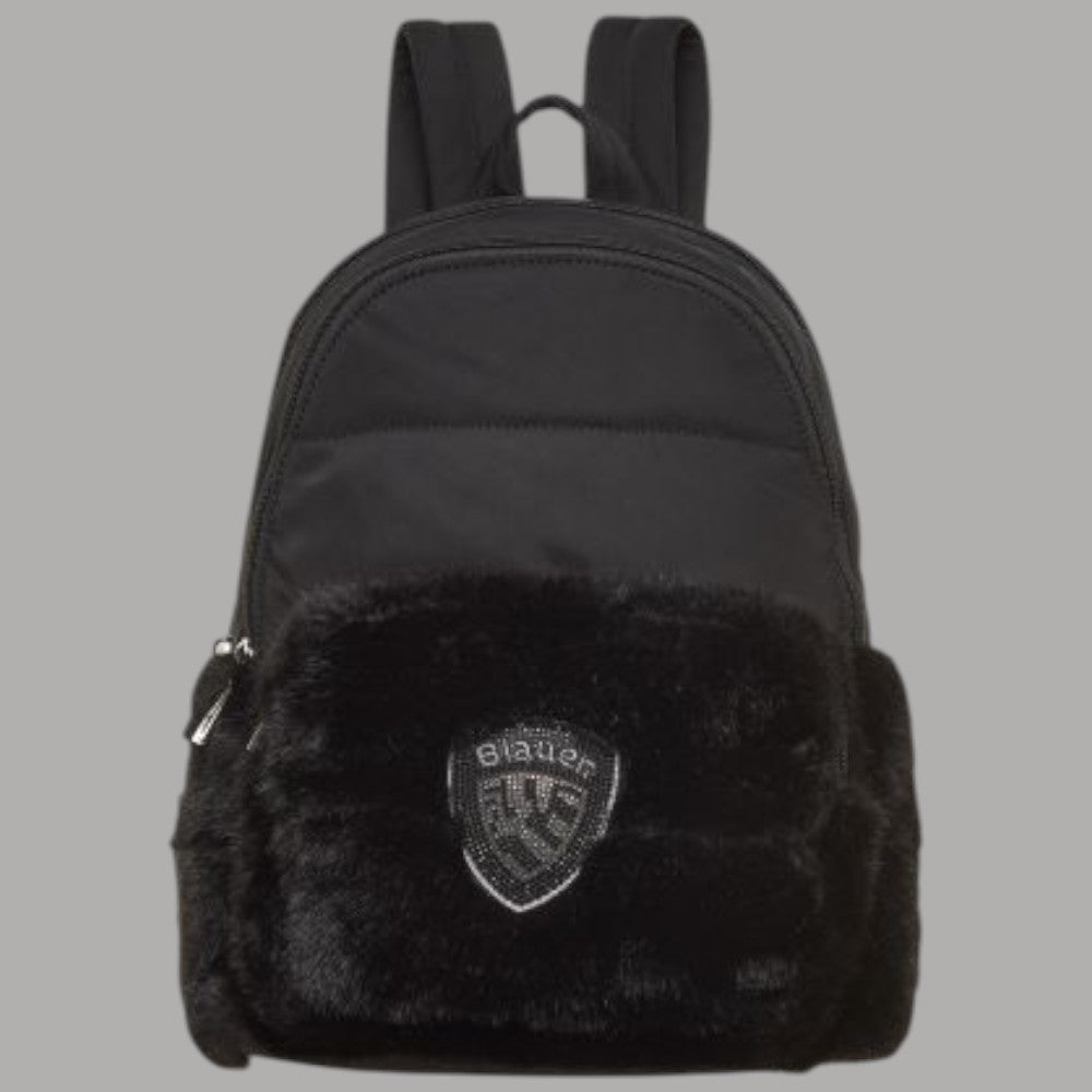 Blauer Zaino piccolo in nylon ed ecopelliccia nero con logo patch e zip frontale