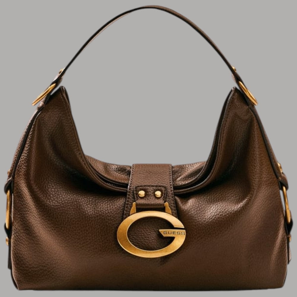 Borsa a spalla Guess Camden marrone con stampa 4G e tracolla