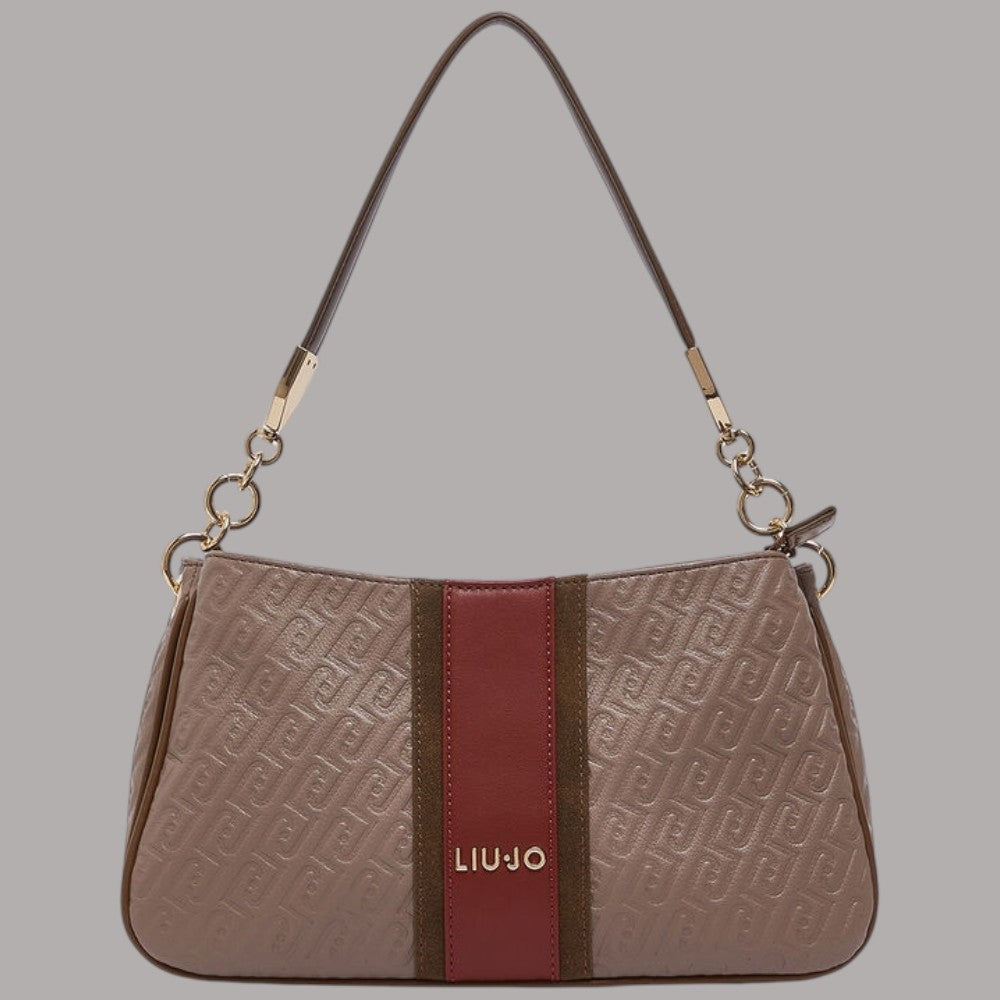 Borsa a mano piccolo Liu Jo con logo embossing, dettagli in tessuto marrone, rosso e verde