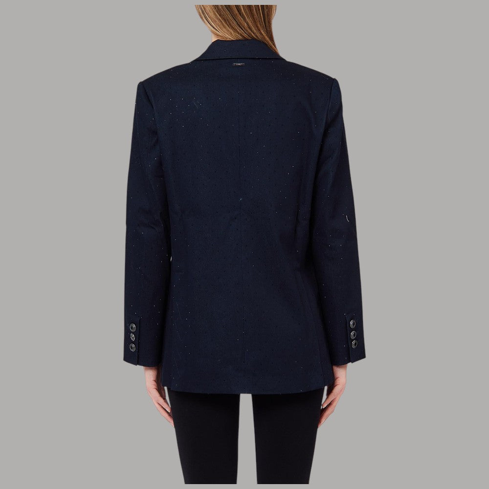 Blazer Liu Jo blu in denim di cotone con strass, vista posteriore e bottoni ai polsi