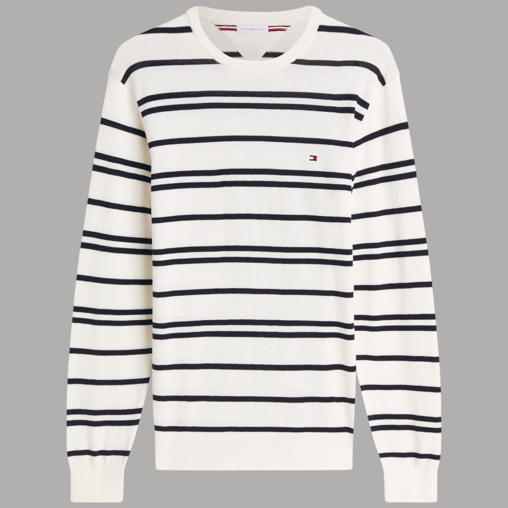 Maglione uomo girocollo bianco con righe blu navy, maniche lunghe