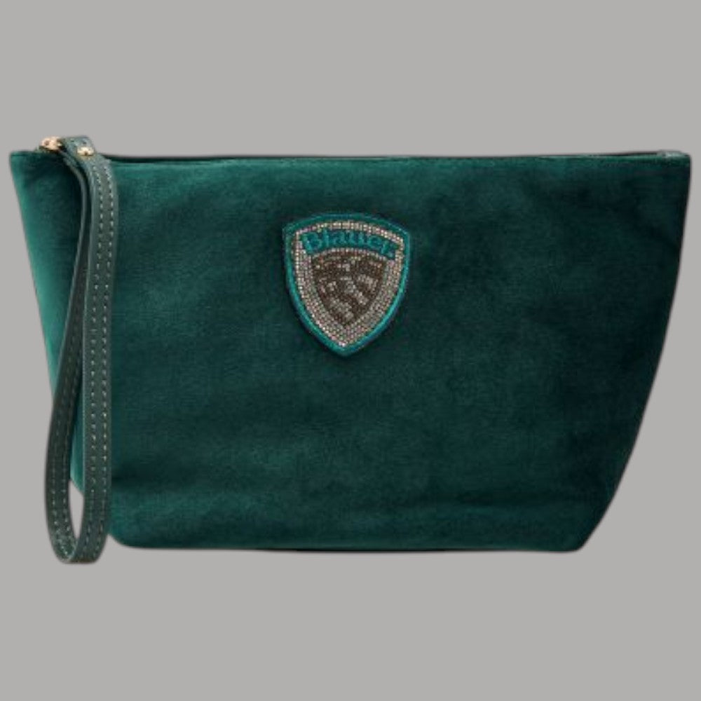 Beauty case pochette da donna Blauer in verde smeraldo con logo applicato in pietre brillanti