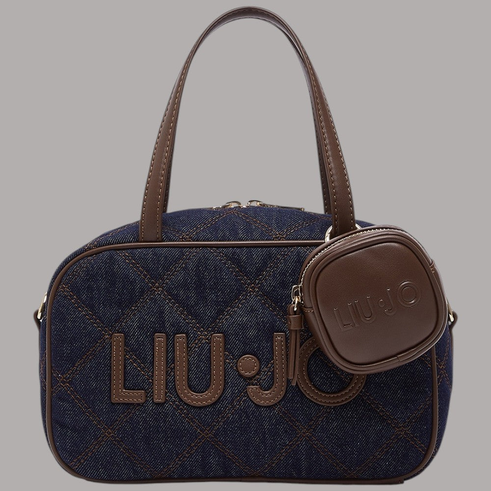Borsa Liu Jo in denim blu con dettagli in pelle marrone e charm rettangolare