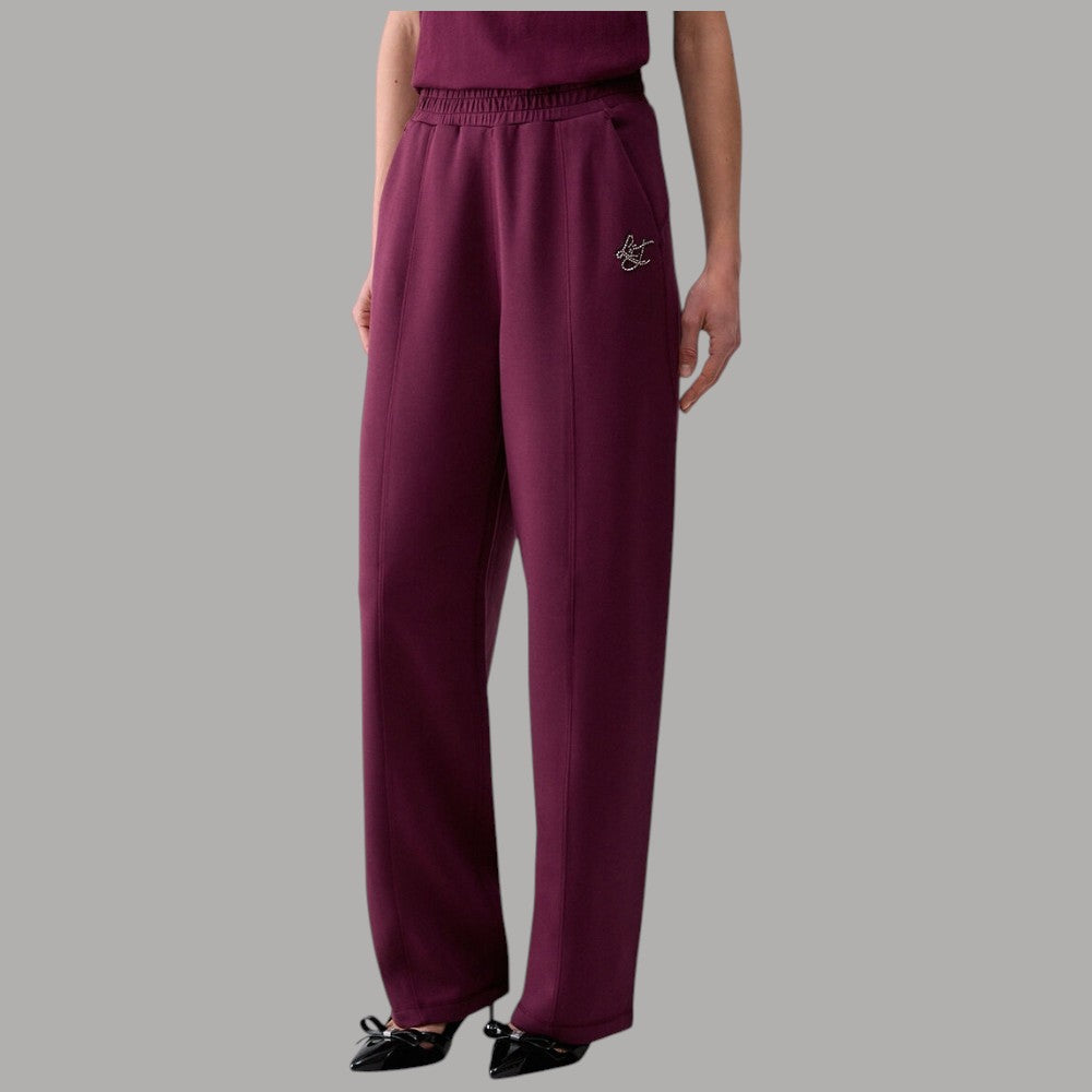 Pantaloni Liu Jo color melanzana in scuba, gamba ampia, vita elasticizzata e logo laterale