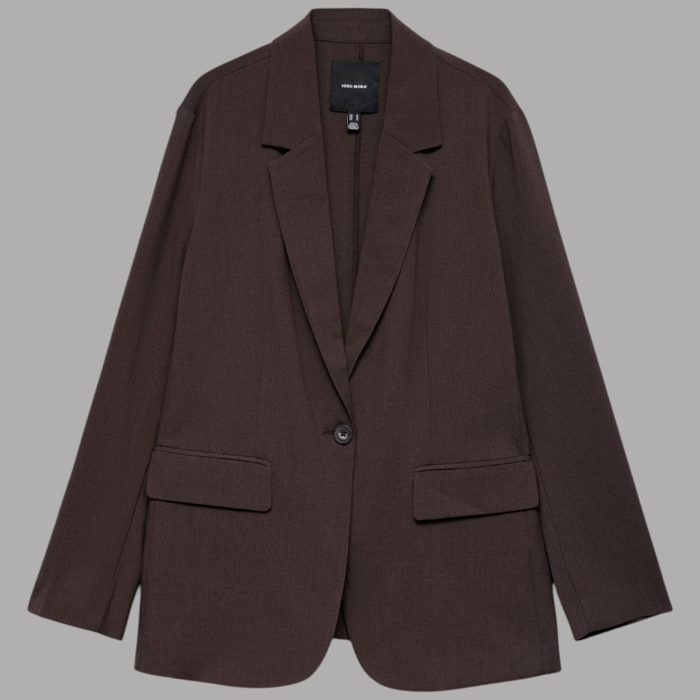 Blazer donna marrone scuro con revers, bottone centrale e tasche applicate