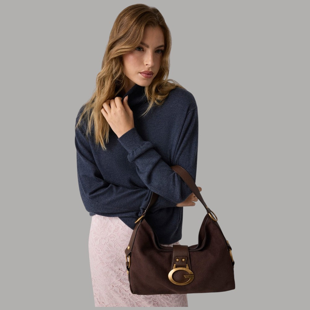 Borsa a spalla grande Guess Camden marrone effetto suede