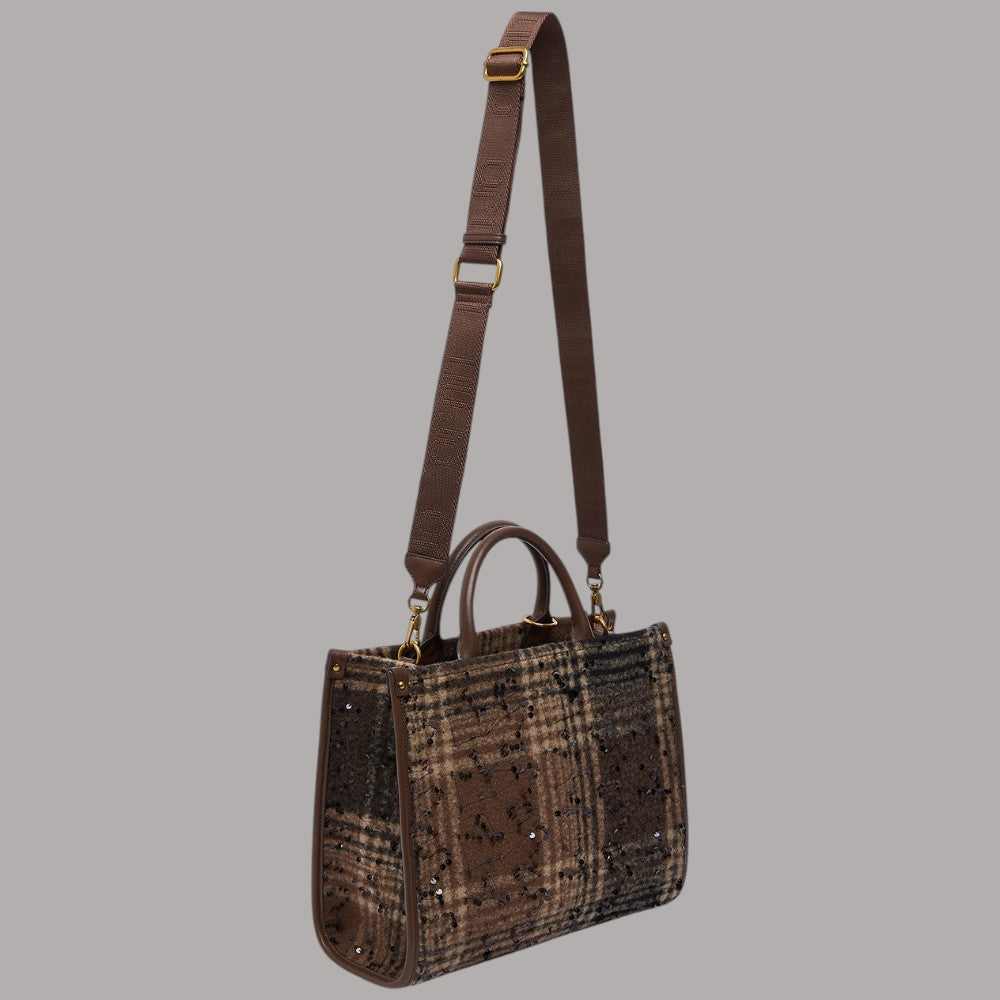 Borsa media Liu Jo check con paillettes marrone e dettagli in tessuto lucido