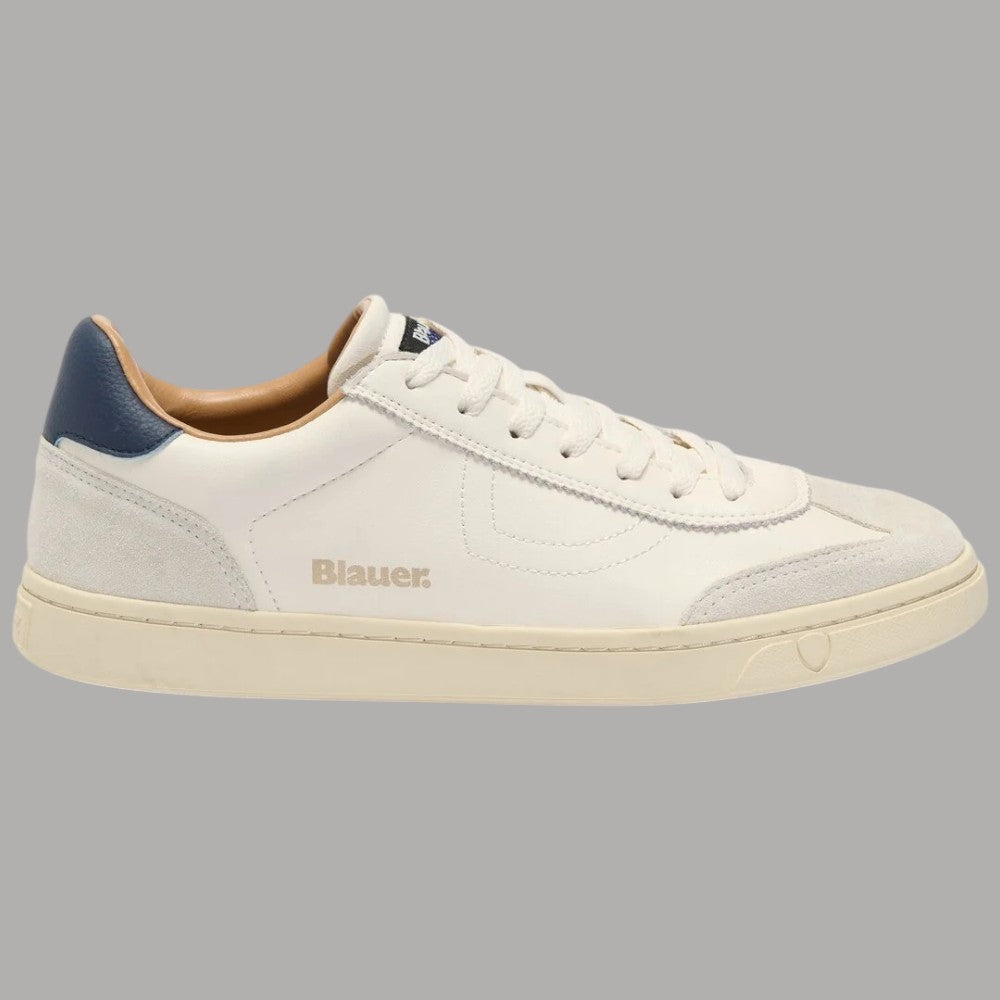 Sneakers uomo Blauer in pelle crema e blu con dettaglio logo e suola in gomma