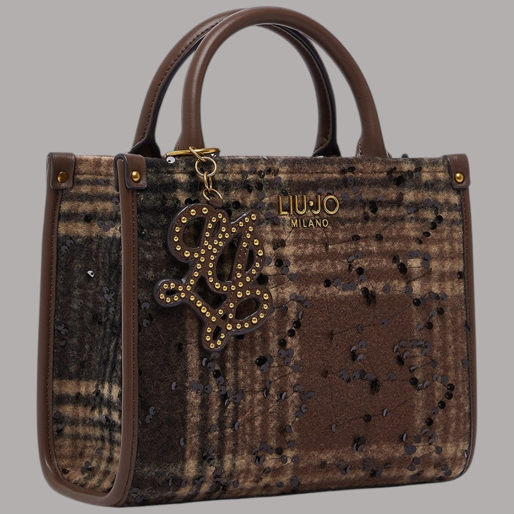 Borsa Liu Jo piccola in check con dettagli in pelle marrone e charm con logo dorato