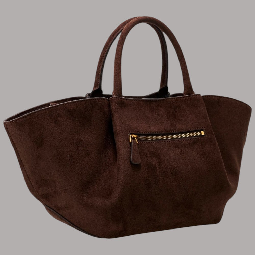 Borsa a mano Guess Allegra in suede marrone con tracolla removibile e tasca frontale con zip